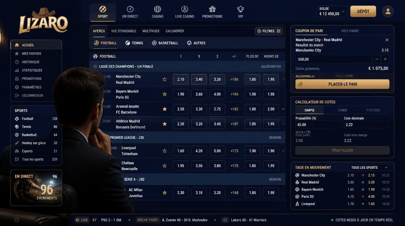 Parieur sérieux consultant les marchés et les cotes élevées avec concentration
